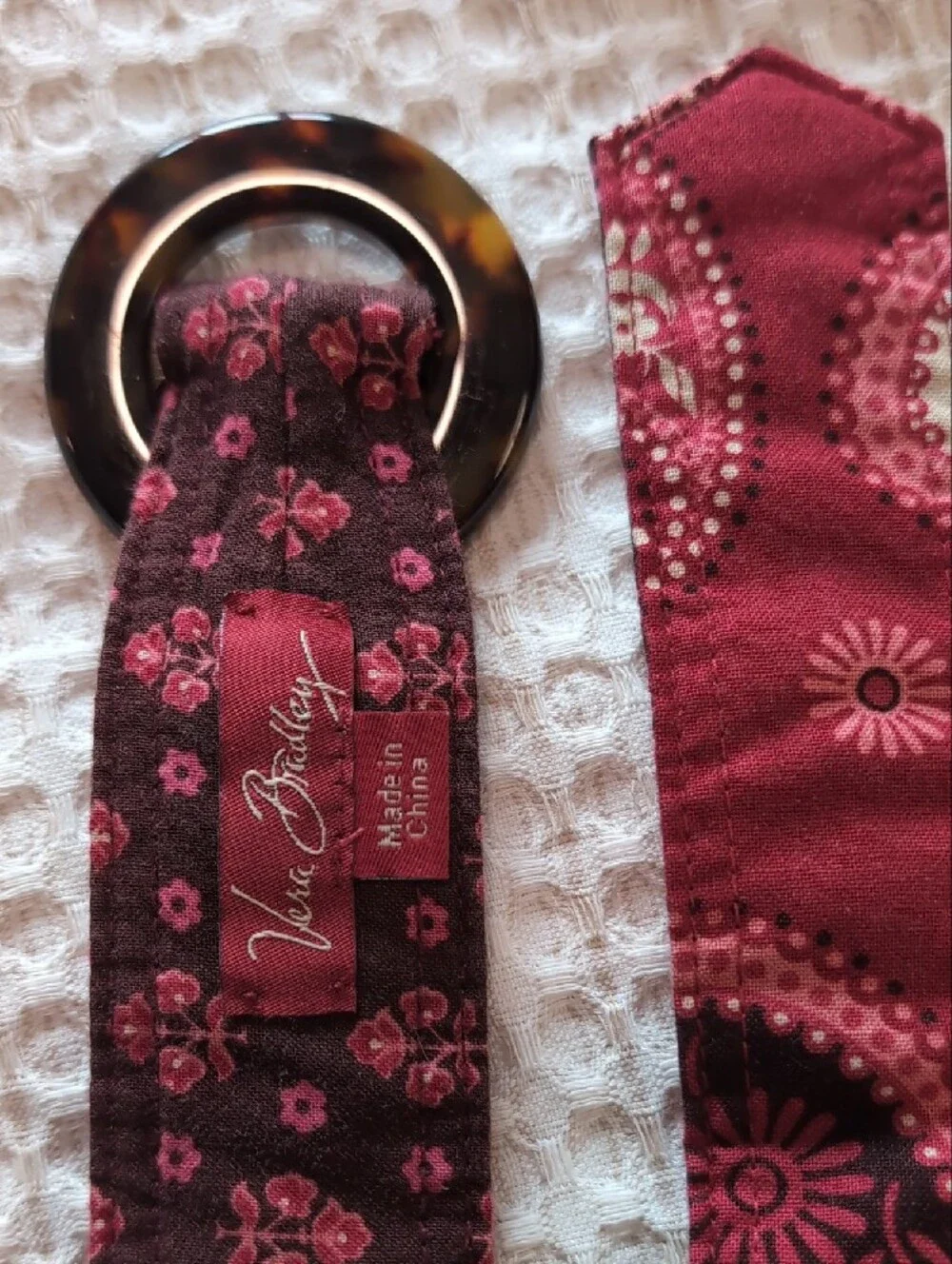Vera Bradley Reversible Maroon Paisley and Floral Fabric Belt with brown buckle